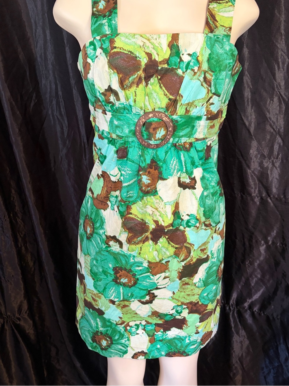 Petite Sophisticate Green Floral Belted Mini Dress